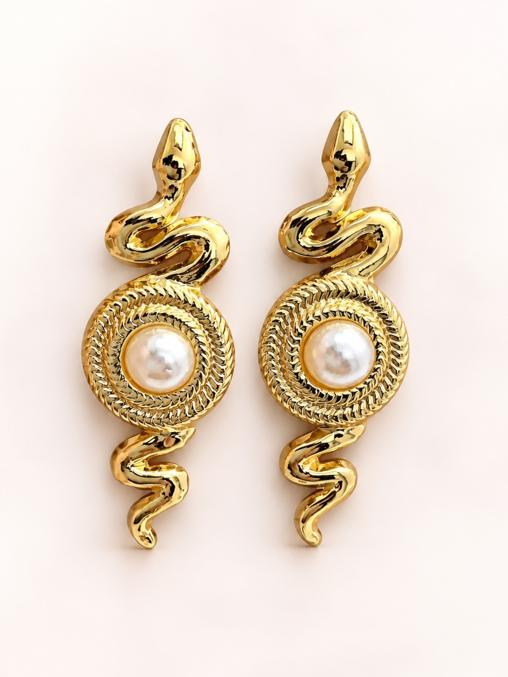 Gold Snake Pearl Drop Earrings Stainless Steel Viper Serpent Jewelry